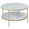 Arcata Marble Effect Glass Coffee Table In White With Gold Legs