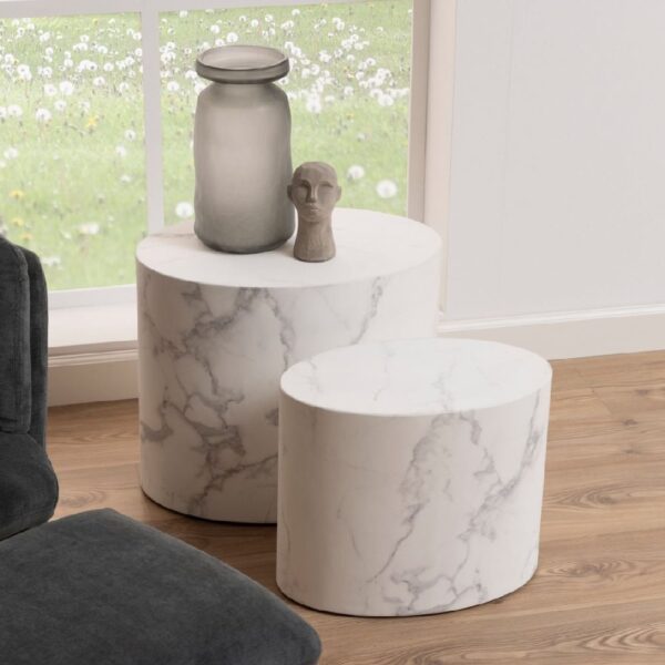 Marion Wooden Nesting Coffee Tables Oval In White Marble Effect