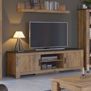 Rapilla Wooden TV Stand With 2 Doors In Chestnut And Matera Grey