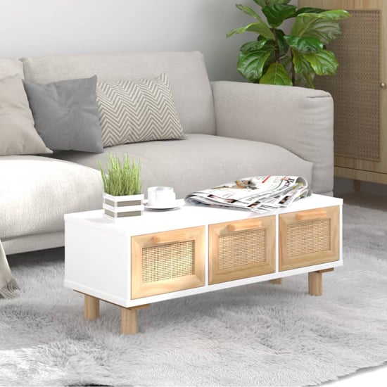 Alfy Coffee Table With 3 Drawers In White And Natural Rattan