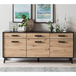 Aliso Wooden Sideboard With 3 Doors In Artisan Oak And Matt Black