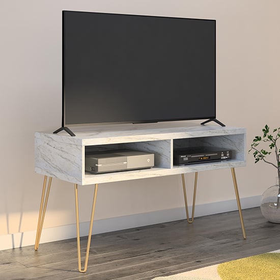 Anaheim Wooden TV Stand In White Marble Effect