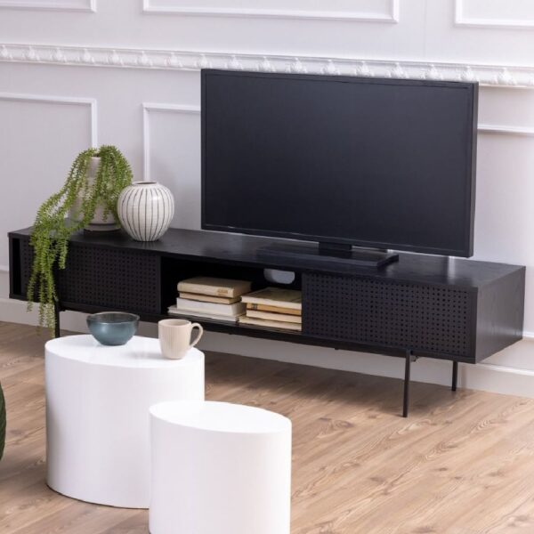 Angus Wooden TV Stand With 2 Sliding Doors In Black