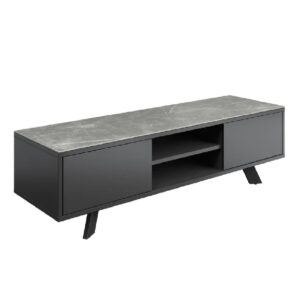 Azido Wooden TV Stand With 2 Doors In Matte Grey Ceramic Top