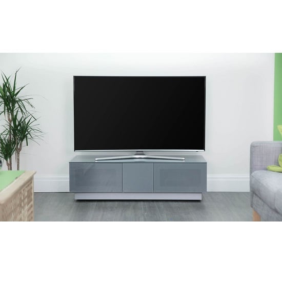 Elements Small Wooden TV Stand With 2 Glass Doors In Grey