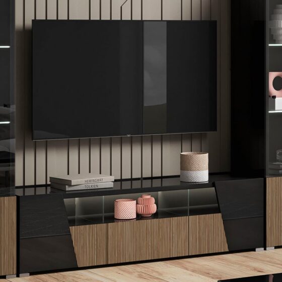 Enna High Gloss TV Stand In Black With 3 Doors And LED