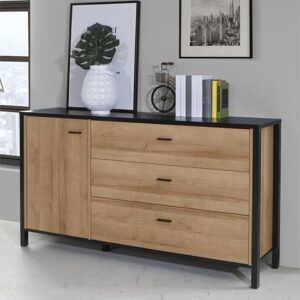 Harbor Sideboard 1 Door 3 Drawers In Matt Black And Riviera Oak