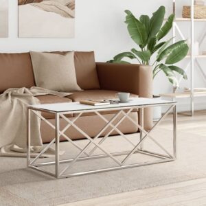 Keeya White Glass Coffee Table Rectangular With Silver Frame