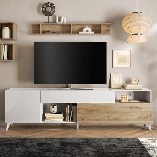 Milan High Gloss TV Stand Large With 2 Doors In White Cadiz Oak