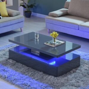 Quinton Glass Top High Gloss Coffee Table In Grey With LED