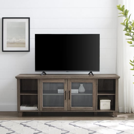 Theodore Wooden TV Stand With 2 Glass Doors In Grey Wash